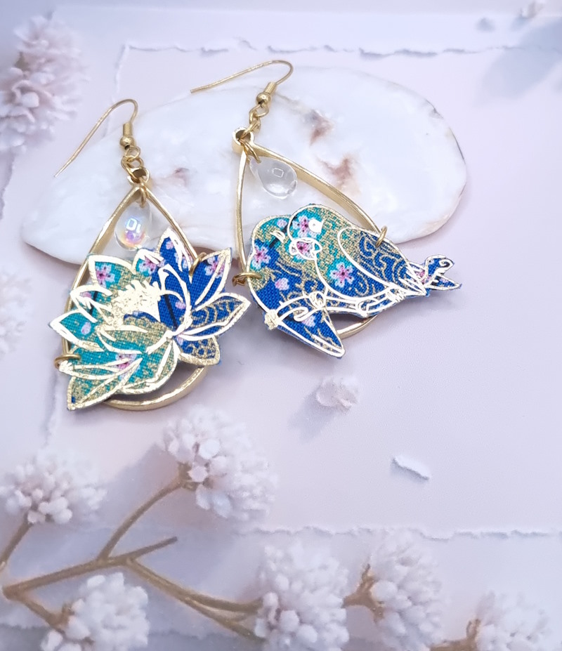 Boucles d'oreilles oiseaux inséparables et lotus en TISSU japonais Sakura bleu