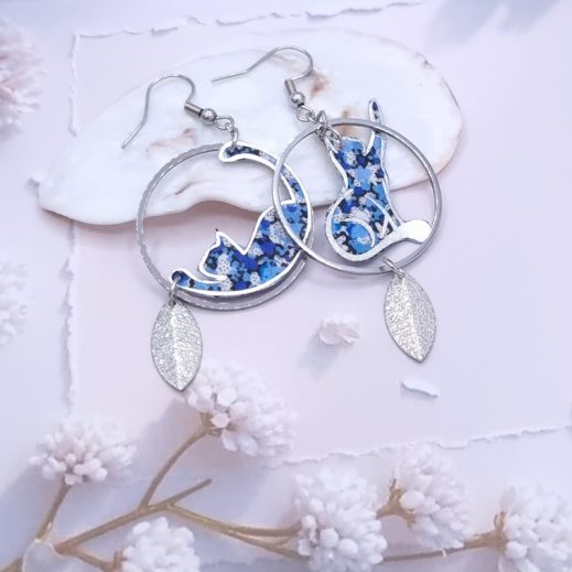 Boucles d'oreilles chats en liberty Pepper bleu Boucles d'oreilles chats en liberty Pepper bleu