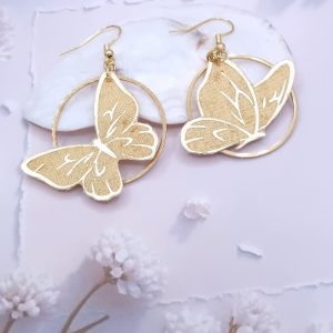 Boucles d'oreilles papillons en tissu japonais moiré jaune