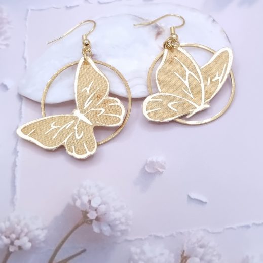 Boucles d'oreilles papillons en tissu japonais moiré jaune Boucles d'oreilles papillons en tissu japonais moiré jaune