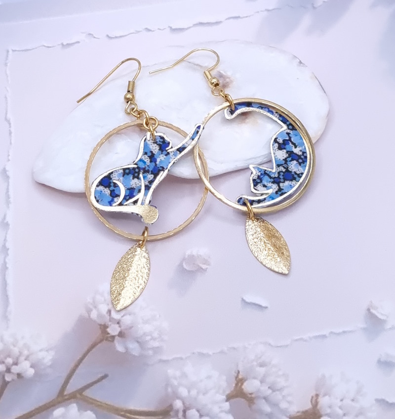 Boucles d'oreilles chats en liberty Pepper bleu