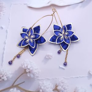 Boucles d'oreilles grandes créoles Fleurs de Tiaré en tissu Liberty Glenjade violet