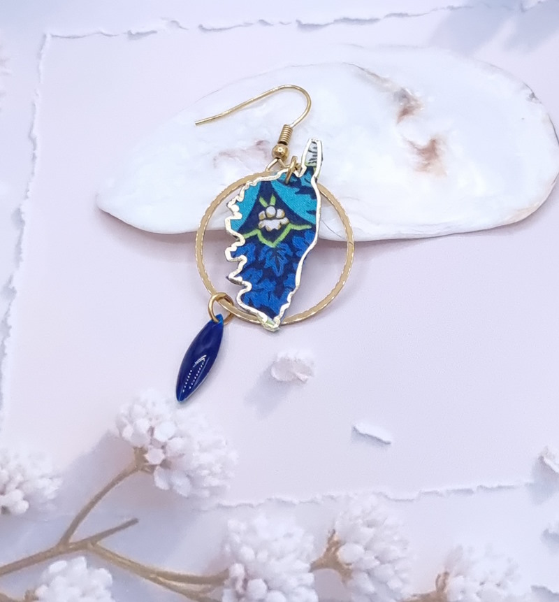 Boucle d'oreille Corse à l'unité en TISSU Strawberry thief denim