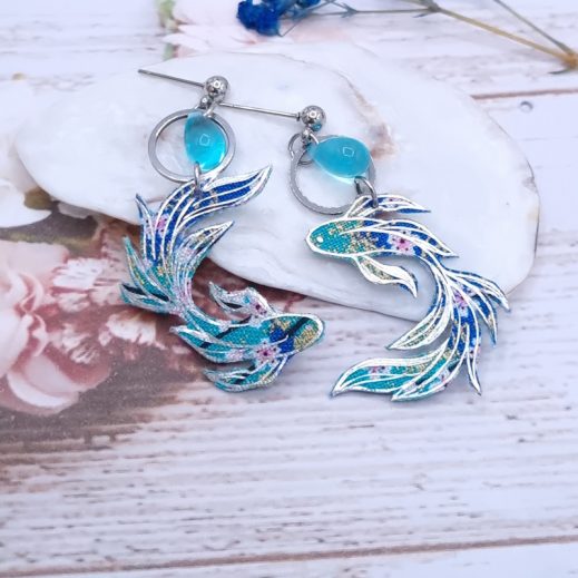 Boucles d'oreilles poisson médium en Tissu japonais sakura bleu Boucles d'oreilles poisson médium en Tissu japonais sakura bleu