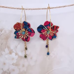 Boucles d'oreilles grandes créoles fleurs de cerisier en TISSU Ciara pétrole