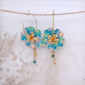Boucles d'oreilles grandes créoles fleurs en TISSU Petit Pan calendula vert