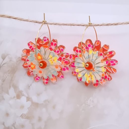 Boucles d'oreilles grandes créoles Marguerites en tissu Petit Pan Boucles d'oreilles grandes créoles Marguerites en tissu Petit Pan