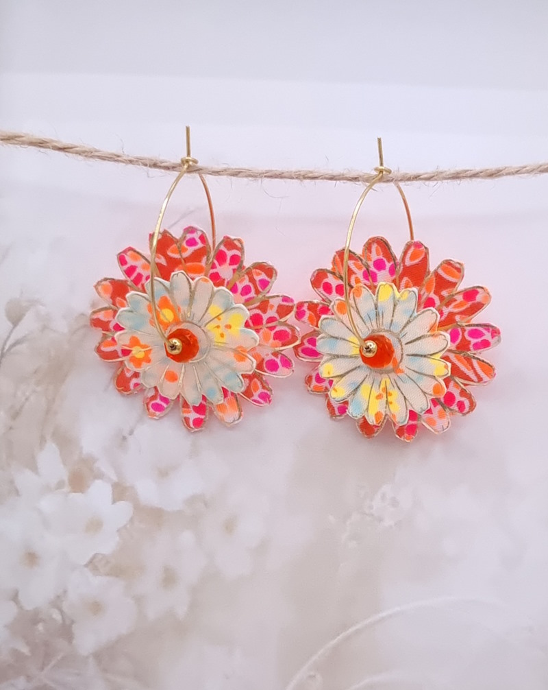 Boucles d'oreilles grandes créoles Marguerites en tissu Petit Pan