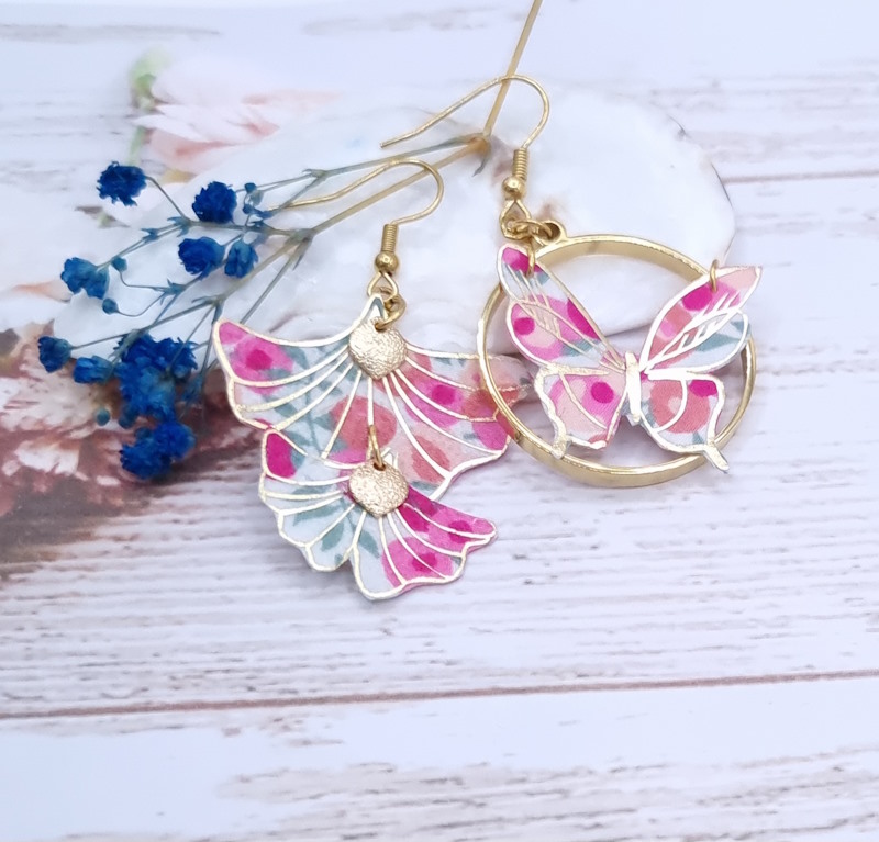 Boucles d'oreilles Papillon et gingko en tissu liberty Wiltshire summer garden