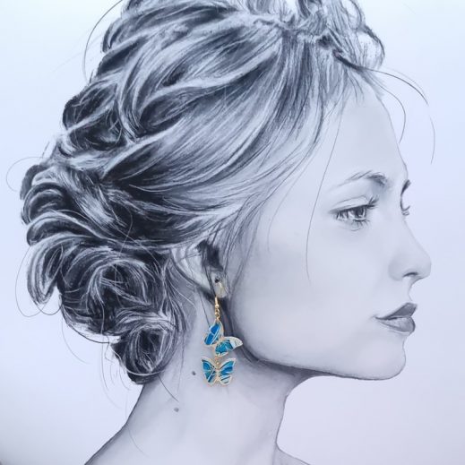 boucles d'oreilles papillons et hibiscus en tissu Art déco bleu boucles d'oreilles papillons et hibiscus en tissu Art déco bleu