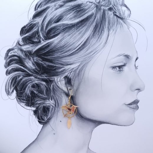 Boucles d'oreilles colibri et fleur de cerisier en tissu liberty dreams of summer burnt Boucles d'oreilles colibri et fleur de cerisier en tissu liberty dreams of summer burnt