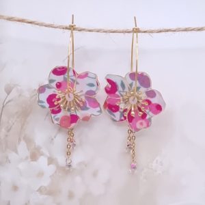 Boucles d'oreilles grandes créoles fleurs de cerisier en TISSU liberty Wiltshire Summer garden