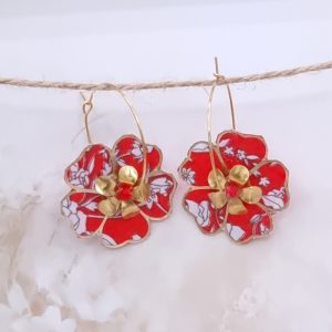 Boucles d'oreilles grandes créoles fleurs en TISSU liberty Summer bloom coquelicot