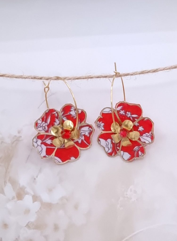 Boucles d'oreilles grandes créoles fleurs en TISSU liberty Summer bloom coquelicot