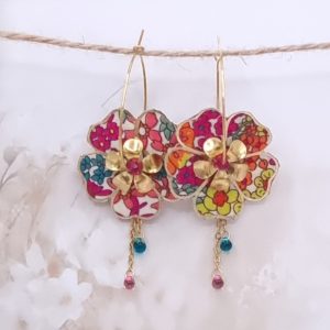 Boucles d'oreilles grandes créoles fleurs en TISSU liberty Margareth annie fushia
