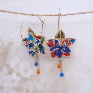 Boucles d'oreilles grandes créoles fleurs de tiaré en TISSU margareth annie orange