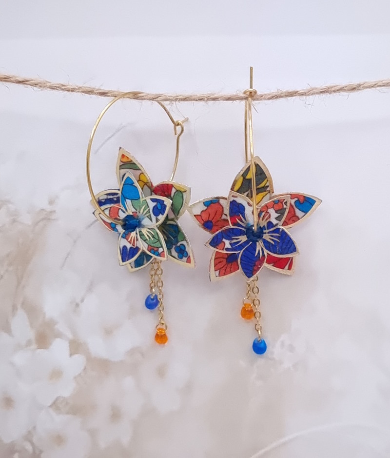 Boucles d'oreilles grandes créoles fleurs de tiaré en TISSU margareth annie orange