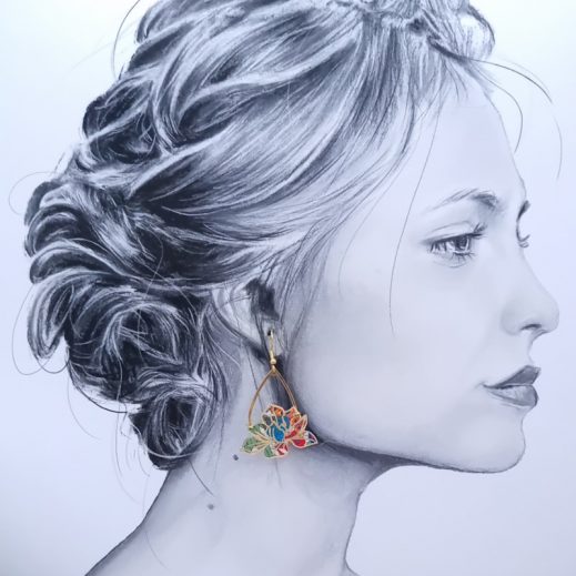 Boucles d'oreilles colombe et fleurs de magnolia en TISSU Margareth Annie orange et bleu Boucles d'oreilles colombe et fleurs de magnolia en TISSU Margareth Annie orange et bleu