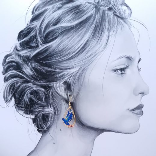 Boucles d'oreilles colombe et fleurs de magnolia en TISSU Margareth Annie orange et bleu Boucles d'oreilles colombe et fleurs de magnolia en TISSU Margareth Annie orange et bleu