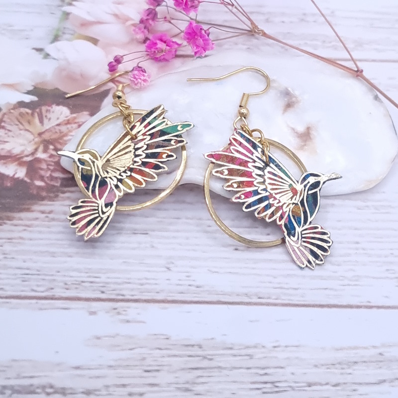 Boucles d'oreilles oiseau colibri 3 en liberty Faria noir
