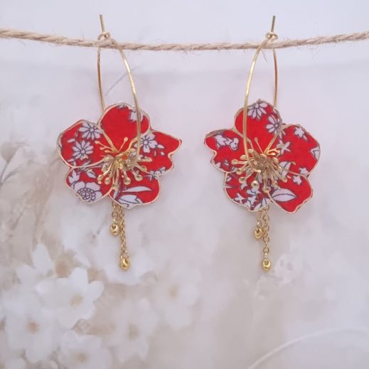 Boucles d'oreilles grandes créoles fleurs en TISSU liberty Summer bloom coquelicot