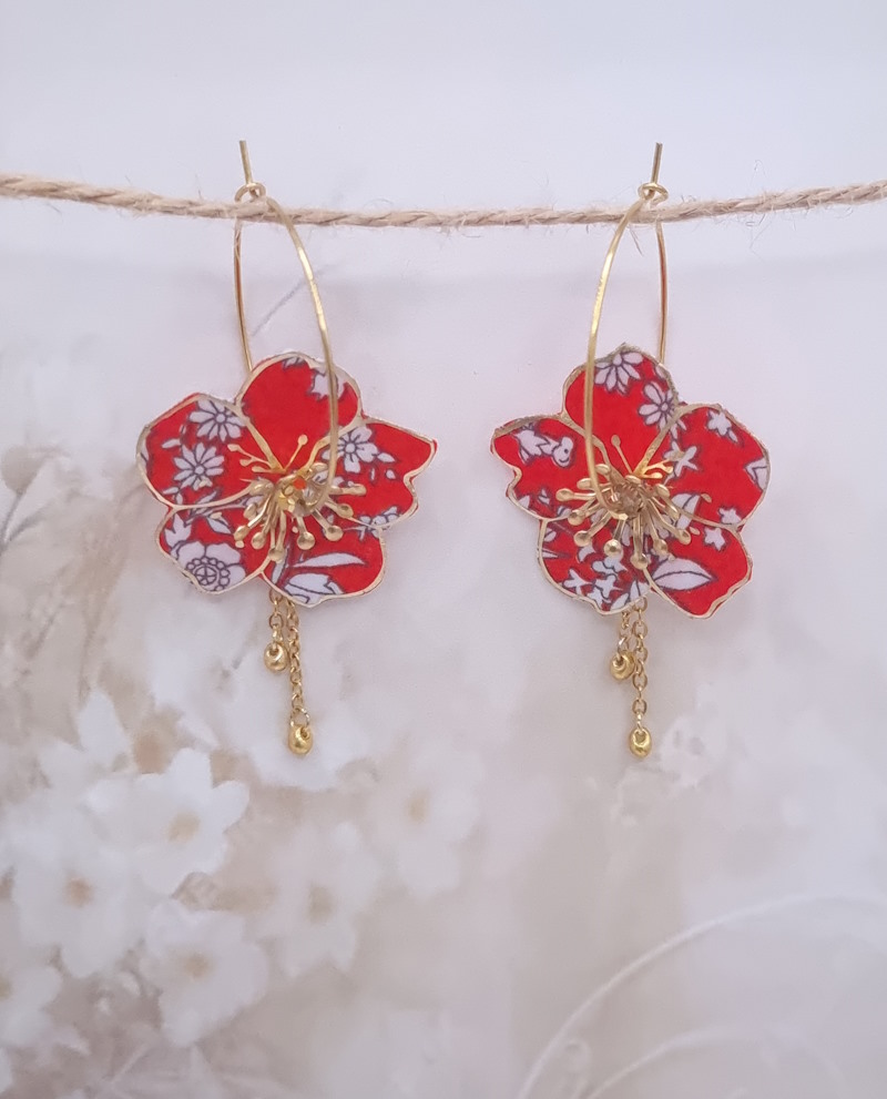 Boucles d'oreilles grandes créoles fleurs en TISSU liberty Summer bloom coquelicot