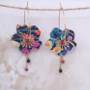 Boucles d'oreilles grandes créoles fleurs de cerisier en TISSU liberty Dream of summer