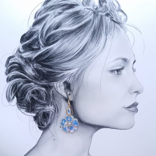 Boucles d'oreilles oiseau colibri et fleur en liberty Margareth Annie fluo givré Boucles d'oreilles oiseau colibri et fleur en liberty Margareth Annie fluo givré