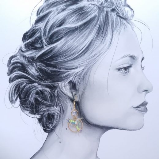 Boucles d'oreilles oiseau colibri et fleur en liberty Margareth Annie fluo givré Boucles d'oreilles oiseau colibri et fleur en liberty Margareth Annie fluo givré