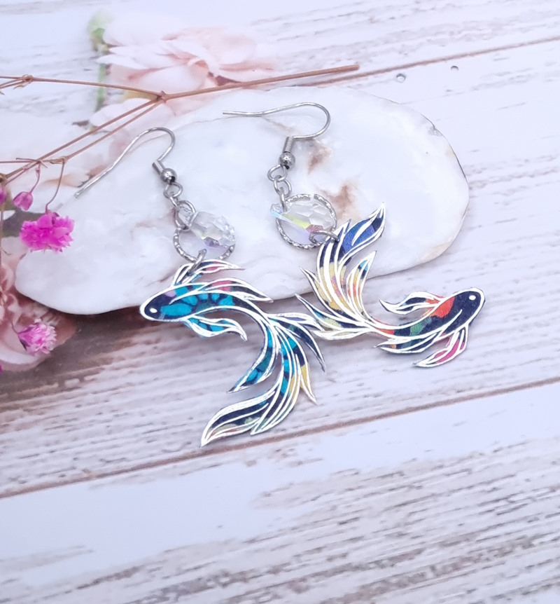 Boucles d'oreilles poisson médium en Tissu Liberty Dreams of summer multicolore