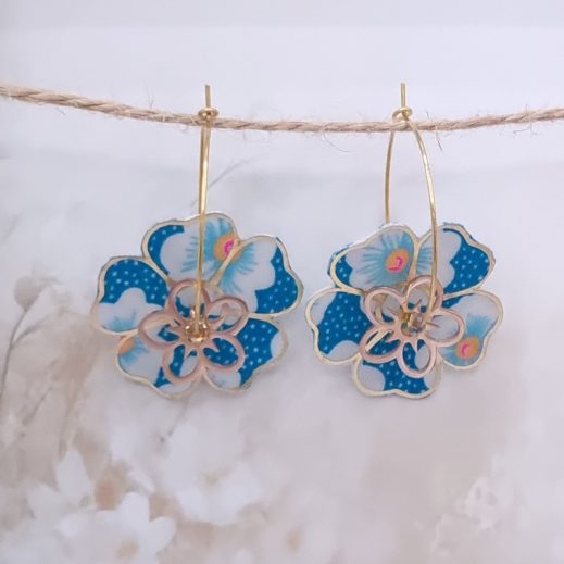 Boucles d'oreilles grandes créoles fleurs en TISSU Osami turquoise Boucles d'oreilles grandes créoles fleurs en TISSU Osami turquoise