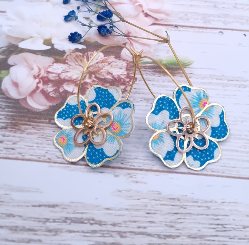 Boucles d'oreilles grandes créoles fleurs en TISSU Osami turquoise