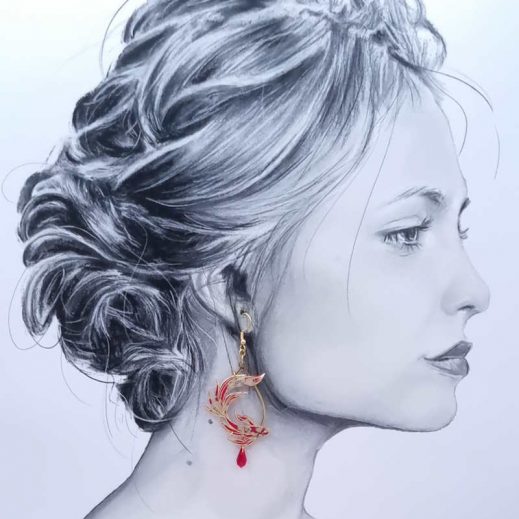 Boucles d'oreilles asymétriques poisson et fleurs en Liberty Capel rouge Boucles d'oreilles asymétriques poisson et fleurs en Liberty Capel rouge