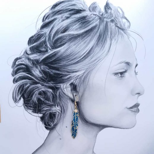 Boucles d'oreilles plumes et grand colibri en tissu Uni bleu pétrole Boucles d'oreilles plumes et grand colibri en tissu Uni bleu pétrole