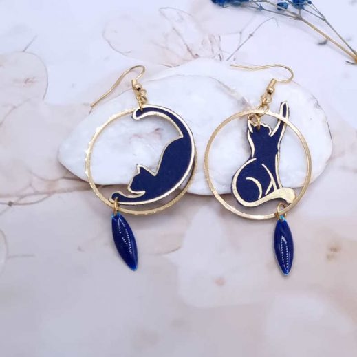 Boucles d'oreilles chats en Tissu uni bleu marine
