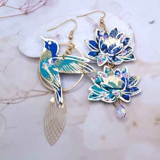 Boucles d'oreilles Lotus et grand colibri en tissu japonais Sakura bleu