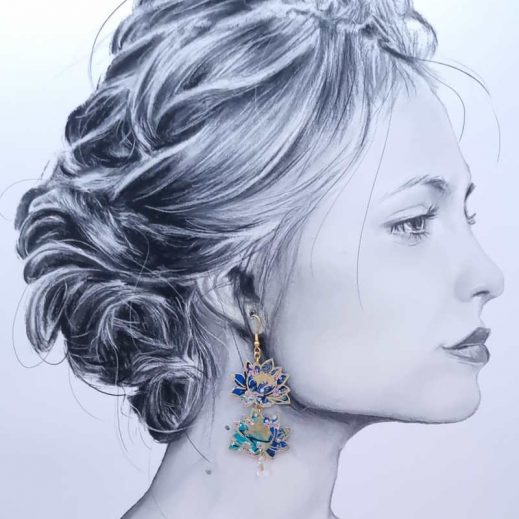 Boucles d'oreilles Lotus et grand colibri en tissu japonais Sakura bleu Boucles d'oreilles Lotus et grand colibri en tissu japonais Sakura bleu