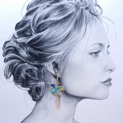 Boucles d'oreilles Lotus et grand colibri en tissu japonais Sakura bleu Boucles d'oreilles Lotus et grand colibri en tissu japonais Sakura bleu