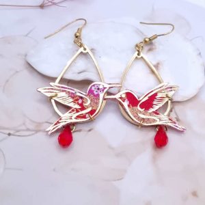 Boucles d'oreilles colibri en TISSU Sakura rouge