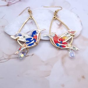 Boucles d'oreilles colibri en TISSU Margareth Annie orange et bleu