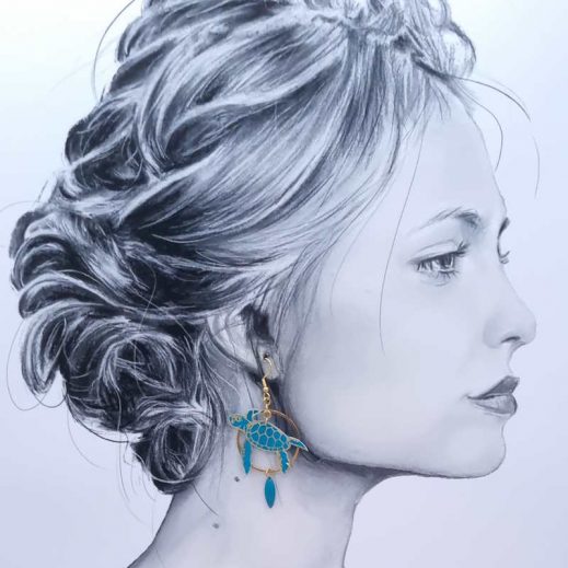 Boucles d'oreilles tortues en Tissu uni bleu Paon Boucles d'oreilles tortues en Tissu uni bleu Paon