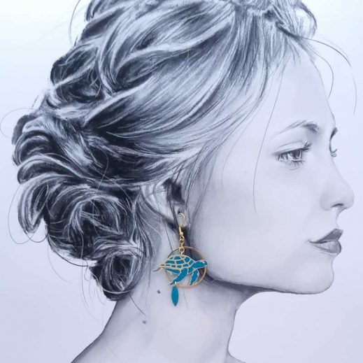 Boucles d'oreilles tortues en Tissu uni bleu Paon Boucles d'oreilles tortues en Tissu uni bleu Paon