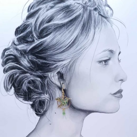 2Boucles d'oreilles colibri et fleurs de lotus en TISSU liberty David Joe vert Boucles d'oreilles colibri et fleurs de lotus en TISSU liberty David Joe vert