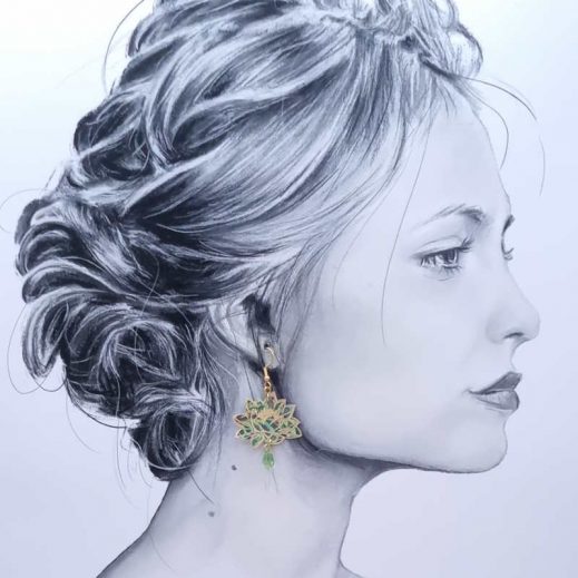 Boucles d'oreilles colibri et fleurs de lotus en TISSU liberty David Joe vert Boucles d'oreilles colibri et fleurs de lotus en TISSU liberty David Joe vert