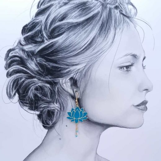 Boucles d'oreilles Lotus et grand colibri en tissu Uni bleu Paon Boucles d'oreilles Lotus et grand colibri en tissu Uni bleu Paon
