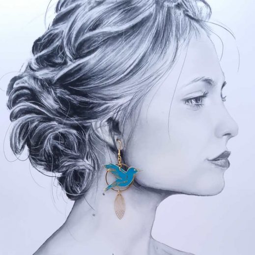 Boucles d'oreilles Lotus et grand colibri en tissu Uni bleu Paon Boucles d'oreilles Lotus et grand colibri en tissu Uni bleu Paon