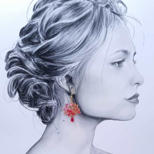 Boucles d'oreilles colibri et fleurs de lotus en TISSU Sakura rouge Boucles d'oreilles colibri et fleurs de lotus en TISSU Sakura rouge