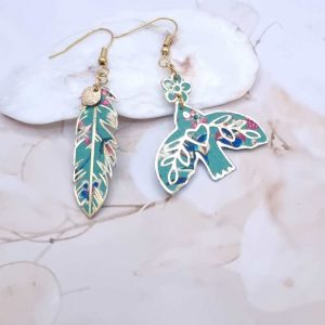Boucles d'oreilles oiseau stylisé et plume en TISSU liberty Donna leigh Jade