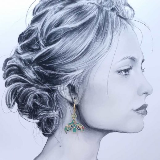 Boucles d'oreilles oiseau stylisé et plume en TISSU liberty Donna leigh Jade Boucles d'oreilles oiseau stylisé et plume en TISSU liberty Donna leigh Jade