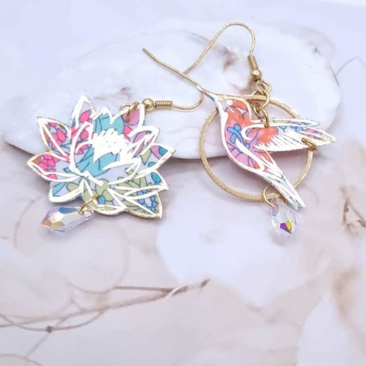 Boucles d'oreilles colibri et fleurs de lotus en TISSU Margaret Annie Vahiné fluo Boucles d'oreilles colibri et fleurs de lotus en TISSU Margaret Annie Vahiné fluo